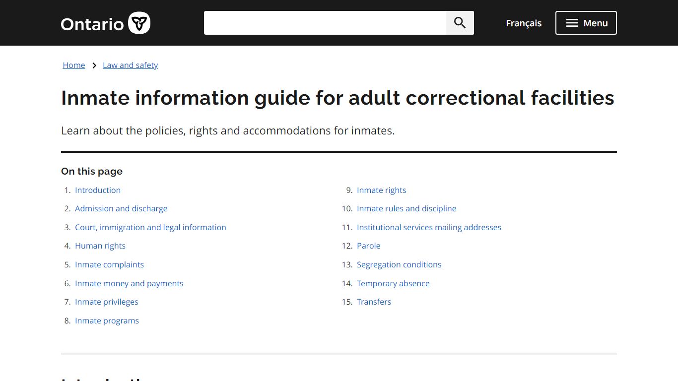 Inmate information guide for adult correctional facilities